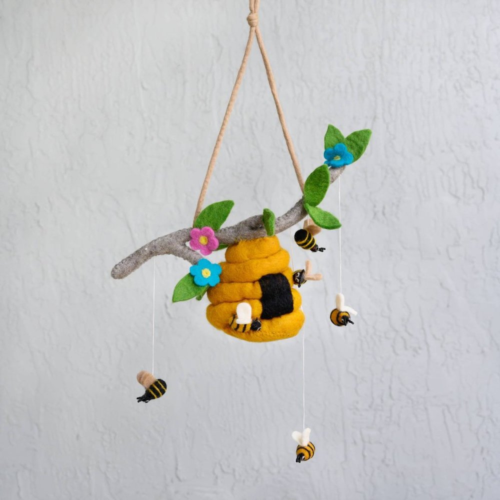 Adorable Bee Hive Baby Crib Mobile, Felted Wool